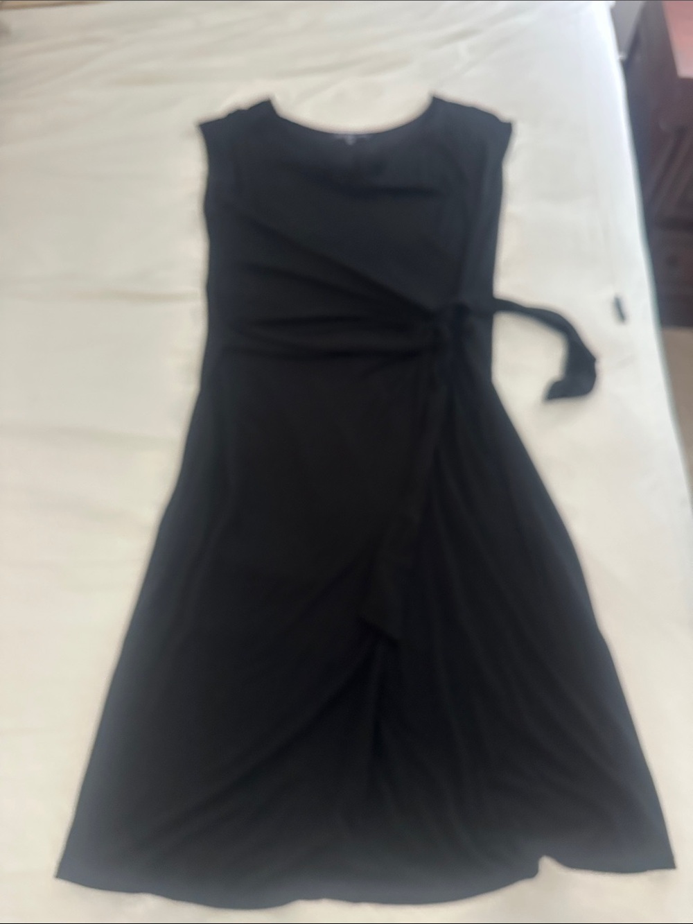 Jones New York Black Sleeveless Midi Dress w/ Side Tie, cap sleeves, & cowl neck